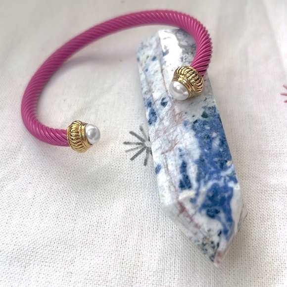 Matte Pink Twisted Cable Bangle Cuff Bracelet with Pearl Ends - Picture 3 of 8